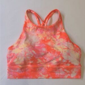 Lululemon High Neck Energy Sports Bra Neon Orange Pink Tie Dye Pattern Size 10